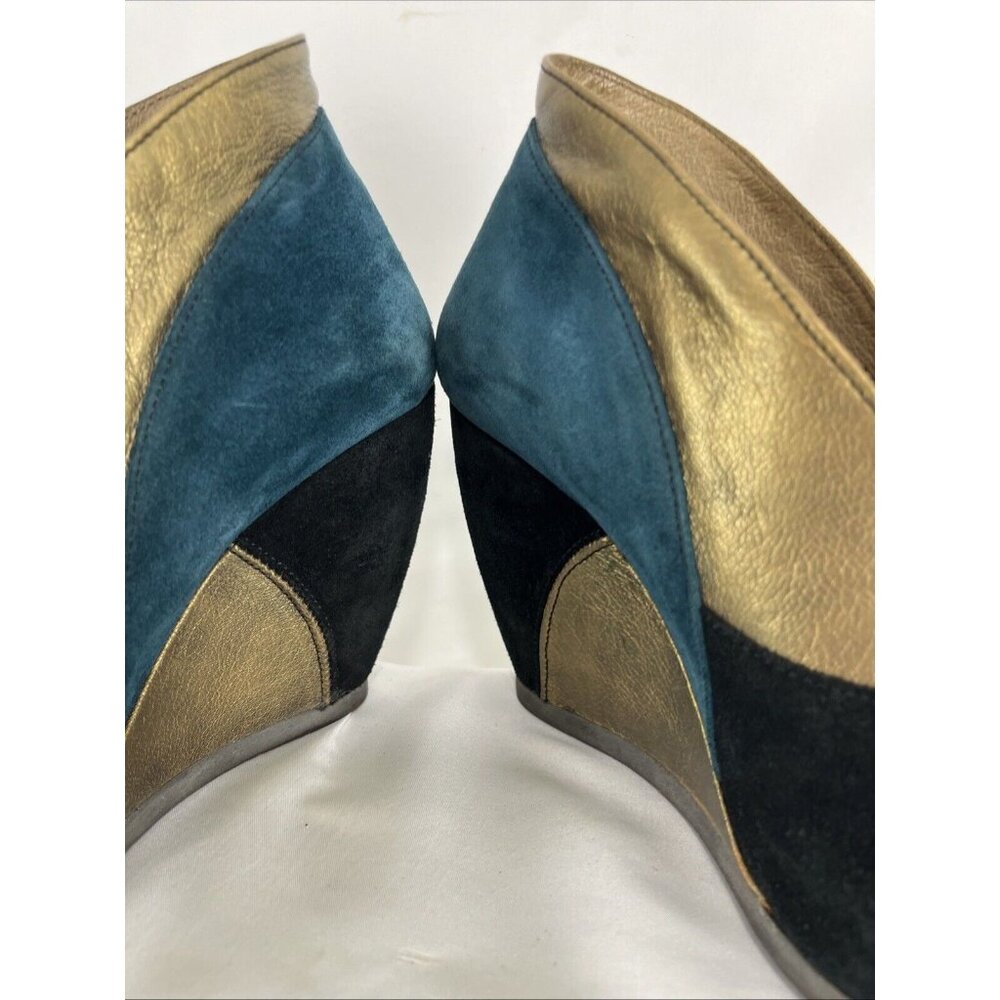 Fly London Teal, Black & Metallic Gold Suede Wedge Booties - Picture 10 of 11